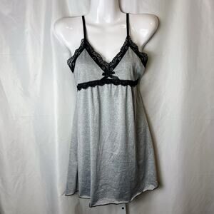 Gray Babydoll Slip Dress Black Lace Trim Satin Bow Women’s Small Y2K Coquette